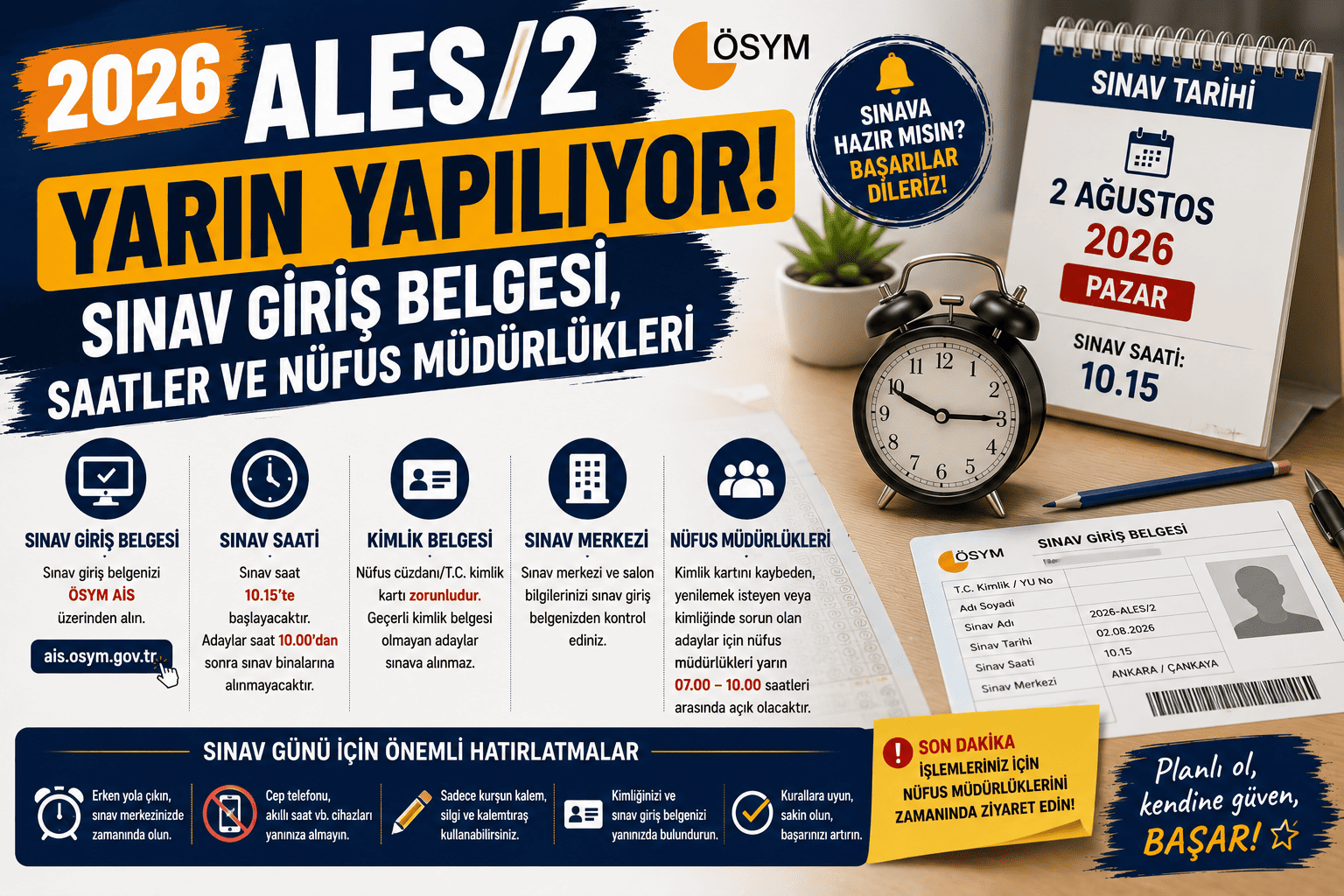 2026-ALES/2 Yarın Yapılıyor! Sınav Giriş Belgesi, Saatler ve Nüfus Müdürlükleri