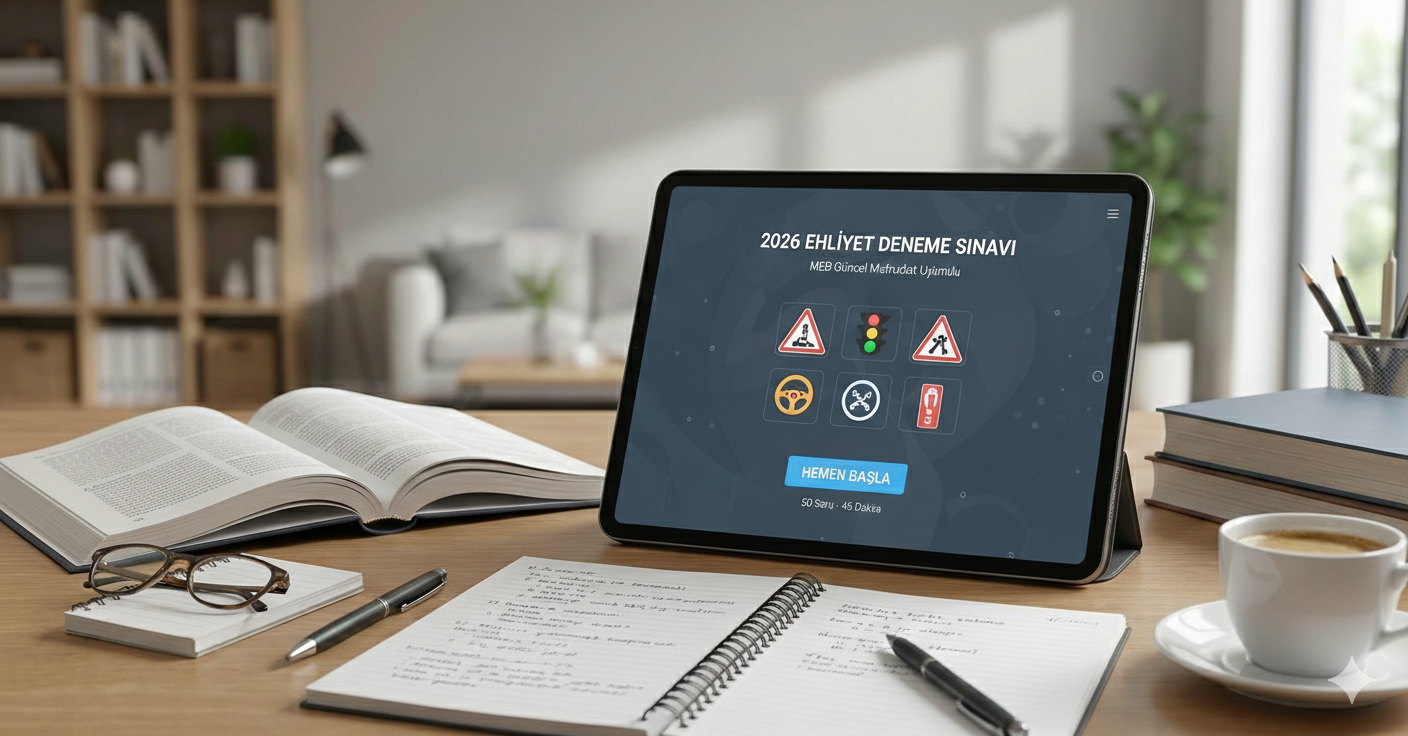 2026 Ehliyet e-Sınavı: Güncel MEB Soruları ve Kapsamlı Çözümleri - Online Deneme Sınavı Görseli